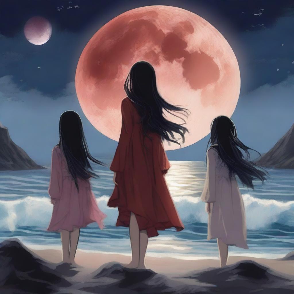 In the background, a full bleeding moon casts an eerie, crimson glow over the scene