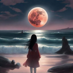 In the background, a full bleeding moon casts an eerie, crimson glow over the scene