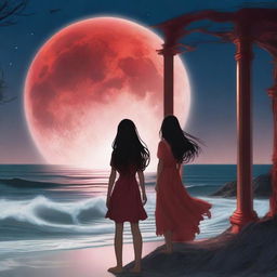 In the background, a full bleeding moon casts an eerie, crimson glow over the scene