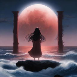 In the background, a full bleeding moon casts an eerie, crimson glow over the scene