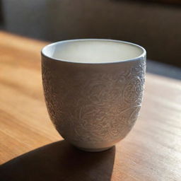 An intricately designed ceramic cup on a wooden table with diffused morning light.