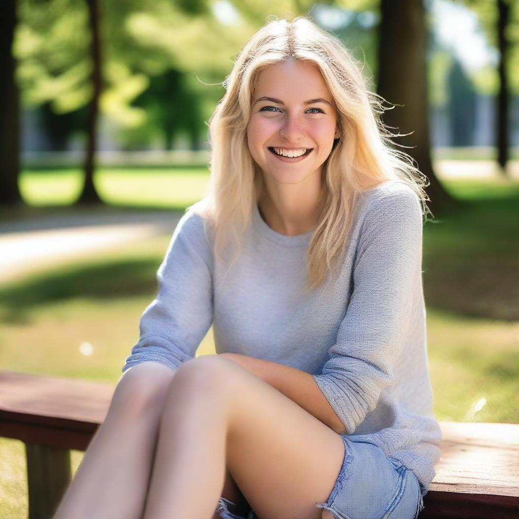 A blonde girl sitting with her legs crossed, wearing casual attire