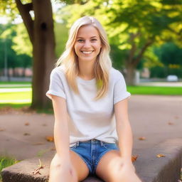 A blonde girl sitting with her legs crossed, wearing casual attire