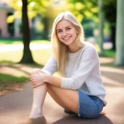 A blonde girl sitting with her legs crossed, wearing casual attire