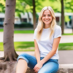 A blonde girl sitting with her legs crossed, wearing casual attire