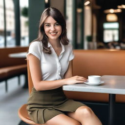 A brunette girl sitting with her legs crossed, wearing a tiny skirt and a fashionable top