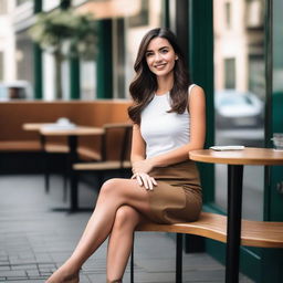 A brunette girl sitting with her legs crossed, wearing a tiny skirt and a fashionable top