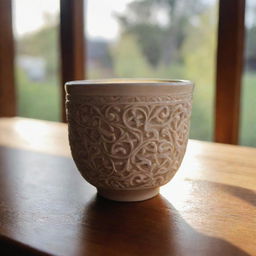 An intricately designed ceramic cup on a wooden table with diffused morning light.