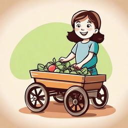 A vector illustration of a little girl pulling a wagon from the front