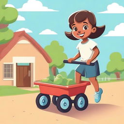 A vector illustration of a little girl pulling a wagon from the front