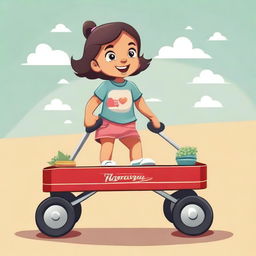 A vector illustration of a little girl pulling a wagon from the front