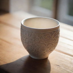 An intricately designed ceramic cup on a wooden table with diffused morning light.