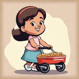 A vector illustration of a little girl pulling a wagon from the front