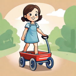 A vector illustration of a little girl pulling a wagon from the front