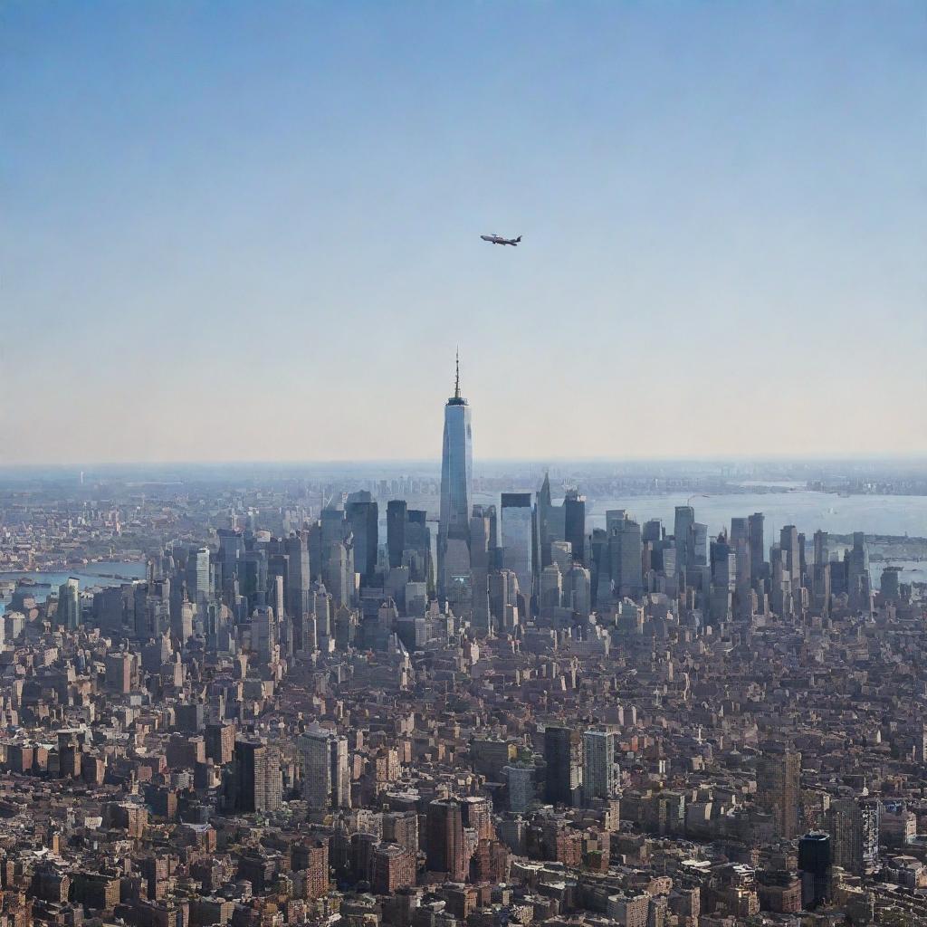 A striking image of a passenger plane flying high in the sky with the Freedom Tower, also known as One World Trade Center, prominently in view amidst the bustling cityscape of New York.