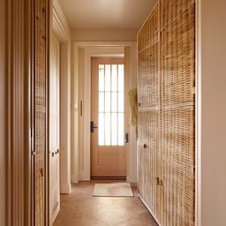 Classic, small entrance hall with a modern aesthetic, featuring a large rattan closet, touched with shades of beige and pistachio. A mirror expands the space, paired with an inviting entrance door.