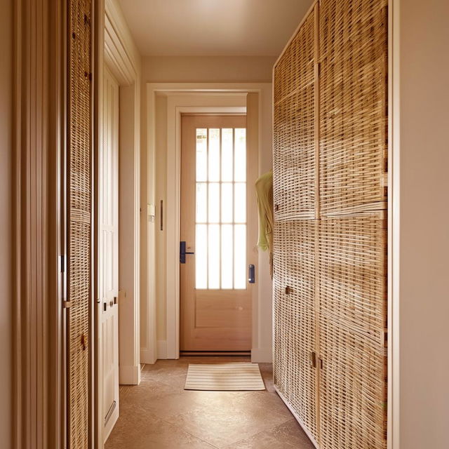 Classic, small entrance hall with a modern aesthetic, featuring a large rattan closet, touched with shades of beige and pistachio. A mirror expands the space, paired with an inviting entrance door.