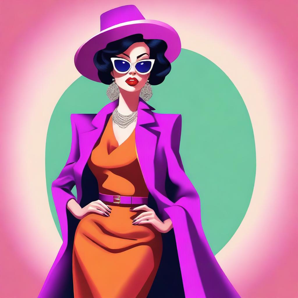 A stylized representation of a glamorous woman with exaggerated features, fashionable clothing, and a confident pose