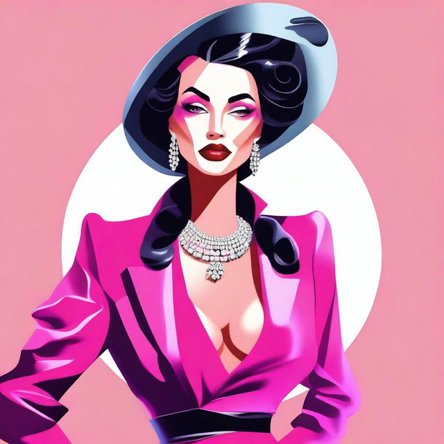 A stylized representation of a glamorous woman with exaggerated features, fashionable clothing, and a confident pose