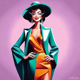 A stylized representation of a glamorous woman with exaggerated features, fashionable clothing, and a confident pose