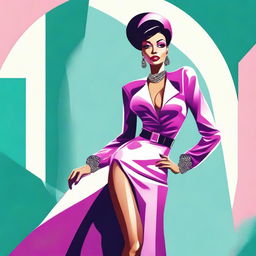 A stylized representation of a glamorous woman with exaggerated features, fashionable clothing, and a confident pose