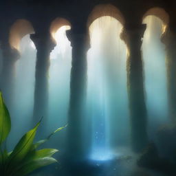 A misty, ethereal veil made of water droplets, partially obscuring a scene beneath