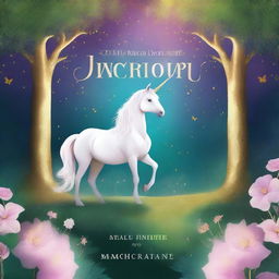 Create a book cover featuring a majestic unicorn in a magical forest