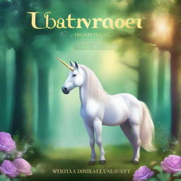 Create a book cover featuring a majestic unicorn in a magical forest