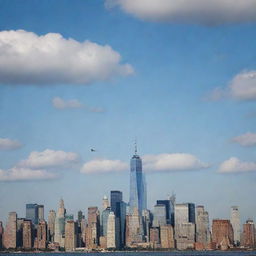 A striking image of a passenger plane flying high in the sky with the Freedom Tower, also known as One World Trade Center, prominently in view amidst the bustling cityscape of New York.