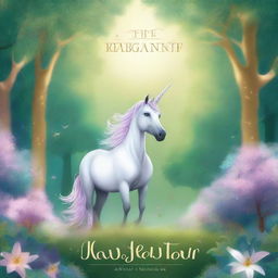 Create a book cover featuring a majestic unicorn in a magical forest