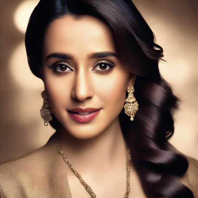 A stunning and glamorous portrait of Bollywood actress Shraddha Kapoor, dressed in elegant attire with a captivating expression