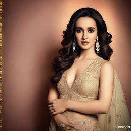 A stunning and glamorous portrait of Bollywood actress Shraddha Kapoor, dressed in elegant attire with a captivating expression