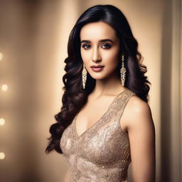 A stunning and glamorous portrait of Bollywood actress Shraddha Kapoor, dressed in elegant attire with a captivating expression