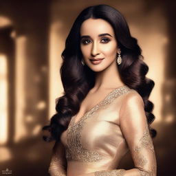 A stunning and glamorous portrait of Bollywood actress Shraddha Kapoor, dressed in elegant attire with a captivating expression