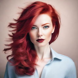 A portrait of a person with striking red hair, styled in a modern and fashionable way