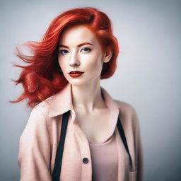 A portrait of a person with striking red hair, styled in a modern and fashionable way