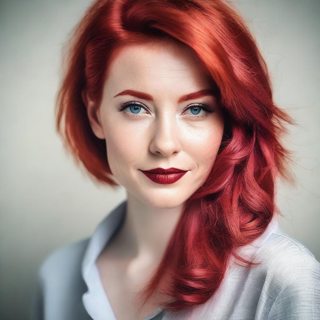 A portrait of a person with striking red hair, styled in a modern and fashionable way