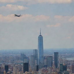 A striking image of a passenger plane flying high in the sky with the Freedom Tower, also known as One World Trade Center, prominently in view amidst the bustling cityscape of New York.