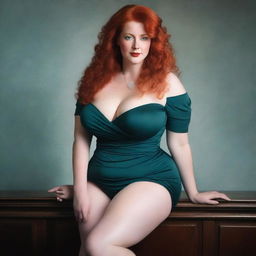 A redheaded woman with a curvy figure, emphasizing her large bust and thighs