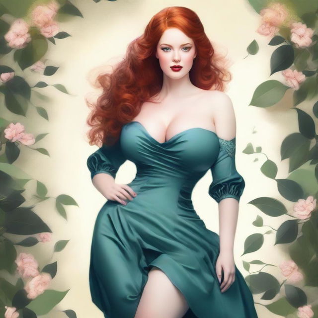 A redheaded woman with a curvy figure, emphasizing her large bust and thighs