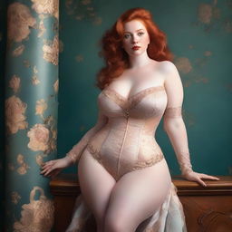 A redheaded woman with a curvy figure, emphasizing her large bust and thighs