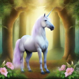 Create a book cover featuring a majestic unicorn standing in the middle of an enchanted forest