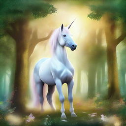 Create a book cover featuring a majestic unicorn standing in the middle of an enchanted forest