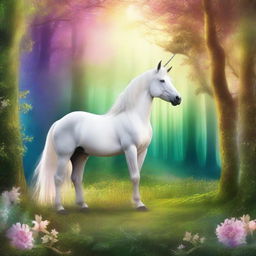 Create a book cover featuring a majestic unicorn standing in the middle of an enchanted forest