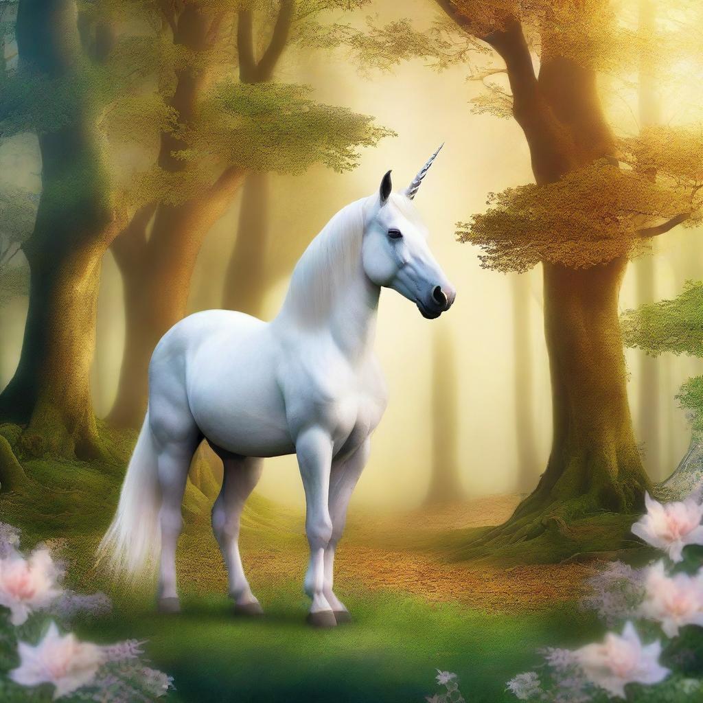 Create a book cover featuring a majestic unicorn standing in the middle of an enchanted forest