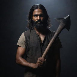 An Indian man with a darker skin tone, longer, thick hair and a beard, holding two short axes, featured in a dark and atmospheric setting.