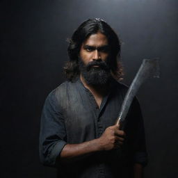 An Indian man with a darker skin tone, longer, thick hair and a beard, holding two short axes, featured in a dark and atmospheric setting.