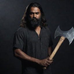 An Indian man with a darker skin tone, longer, thick hair and a beard, holding two short axes, featured in a dark and atmospheric setting.