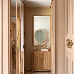 Classic, small entrance hall with a modern aesthetic, featuring a large rattan closet, touched with shades of beige and pistachio. A mirror expands the space, paired with an inviting entrance door.