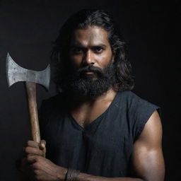 An Indian man with a darker skin tone, longer, thick hair and a beard, holding two short axes, featured in a dark and atmospheric setting.